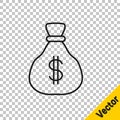 Black line Money bag icon isolated on transparent background. Dollar or USD symbol. Cash Banking currency sign. Vector Royalty Free Stock Photo