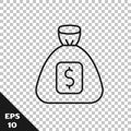 Black line Money bag icon isolated on transparent background. Dollar or USD symbol. Cash Banking currency sign. Vector Royalty Free Stock Photo