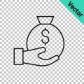 Black line Money bag icon isolated on transparent background. Dollar or USD symbol. Cash Banking currency sign. Vector Royalty Free Stock Photo