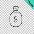 Black line Money bag icon isolated on transparent background. Dollar or USD symbol. Cash Banking currency sign. Vector Royalty Free Stock Photo