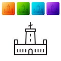 Black line Montjuic castle icon isolated on white background. Barcelona, Spain. Set icons in color square buttons