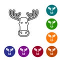 Black line Moose head with horns icon isolated on white background. Set icons in color circle buttons. Vector Royalty Free Stock Photo