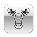 Black line Moose head with horns icon isolated on white background. Silver square button. Vector Royalty Free Stock Photo