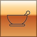 Black line Mortar and pestle icon isolated on gold background. Vector Illustration