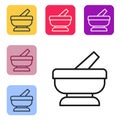 Black line Mortar and pestle icon isolated on white background. Set icons in color square buttons. Vector Royalty Free Stock Photo