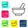 Black line Mortar and pestle icon isolated on white background. Set icons in color square buttons. Vector Royalty Free Stock Photo