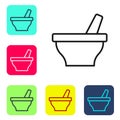 Black line Mortar and pestle icon isolated on white background. Set icons in color square buttons. Vector Royalty Free Stock Photo