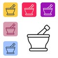 Black line Mortar and pestle icon isolated on white background. Set icons in color square buttons. Vector Royalty Free Stock Photo