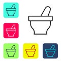 Black line Mortar and pestle icon isolated on white background. Set icons in color square buttons. Vector Royalty Free Stock Photo