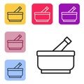 Black line Mortar and pestle icon isolated on white background. Set icons in color square buttons. Vector Royalty Free Stock Photo