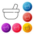 Black line Mortar and pestle icon isolated on white background. Set icons colorful circle buttons. Vector Royalty Free Stock Photo