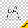 Black line Mountains icon isolated on transparent background. Symbol of victory or success concept. Vector