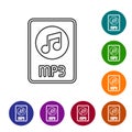 Black line MP3 file document. Download mp3 button icon isolated on white background. Mp3 music format sign. MP3 file Royalty Free Stock Photo