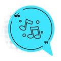 Black line Music note, tone icon isolated on white background. Blue speech bubble symbol. Vector Royalty Free Stock Photo