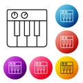 Black line Music synthesizer icon isolated on white background. Electronic piano. Set icons colorful circle buttons Royalty Free Stock Photo