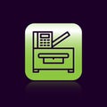 Black line Office multifunction printer copy machine icon isolated on black background. Green square button. Vector