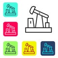 Black line Oil pump or pump jack icon isolated on white background. Oil rig. Set icons in color square buttons. Vector Royalty Free Stock Photo