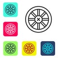 Black line Old wooden wheel icon isolated on white background. Set icons in color square buttons. Vector Royalty Free Stock Photo