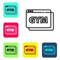 Black line Online fitness and training icon isolated on white background. Set icons in color square buttons. Vector Royalty Free Stock Photo