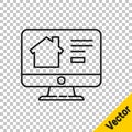 Black line Online real estate house on monitor icon isolated on transparent background. Home loan concept, rent, buy Royalty Free Stock Photo