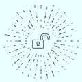 Black line Open padlock icon isolated on grey background. Opened lock sign. Cyber security concept. Digital data Royalty Free Stock Photo