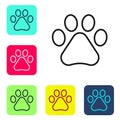 Black line Paw print icon isolated on white background. Dog or cat paw print. Animal track. Set icons in color square Royalty Free Stock Photo