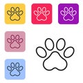 Black line Paw print icon isolated on white background. Dog or cat paw print. Animal track. Set icons in color square Royalty Free Stock Photo