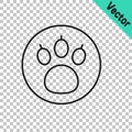 Black line Paw search icon isolated on transparent background. Magnifying glass with animal footprints. Vector Royalty Free Stock Photo