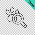 Black line Paw search icon isolated on transparent background. Magnifying glass with animal footprints. Vector Royalty Free Stock Photo