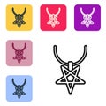 Black line Pentagram on necklace icon isolated on white background. Magic occult star symbol. Set icons in color square Royalty Free Stock Photo