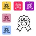 Black line Pet award symbol icon isolated on white background. Badge with dog or cat paw print and ribbons. Medal for Royalty Free Stock Photo