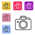 Black line Photo camera icon isolated on white background. Foto camera icon. Set icons in color square buttons. Vector Royalty Free Stock Photo