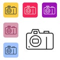 Black line Photo camera icon isolated on white background. Foto camera icon. Set icons in color square buttons. Vector Royalty Free Stock Photo