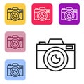 Black line Photo camera icon isolated on white background. Foto camera icon. Set icons in color square buttons. Vector Royalty Free Stock Photo