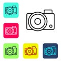 Black line Photo camera icon isolated on white background. Foto camera icon. Set icons in color square buttons. Vector Royalty Free Stock Photo