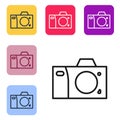 Black line Photo camera icon isolated on white background. Foto camera icon. Set icons in color square buttons. Vector Royalty Free Stock Photo