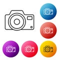 Black line Photo camera icon isolated on white background. Foto camera icon. Set icons colorful circle buttons. Vector. Royalty Free Stock Photo