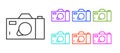 Black line Photo camera icon isolated on white background. Foto camera icon. Set icons colorful. Vector Royalty Free Stock Photo
