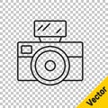 Black line Photo camera with lighting flash icon isolated on transparent background. Foto camera. Digital photography Royalty Free Stock Photo