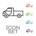 Black line Pickup truck icon isolated on white background. Set icons colorful. Vector Royalty Free Stock Photo