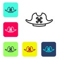 Black line Pirate hat icon isolated on white background. Set icons in color square buttons. Vector Royalty Free Stock Photo