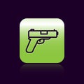 Black line Pistol or gun icon isolated on black background. Police or military handgun. Small firearm. Green square