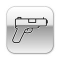 Black line Pistol or gun icon isolated on white background. Police or military handgun. Small firearm. Silver square