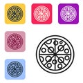 Black line Pizza icon isolated on white background. Fast food menu. Set icons in color square buttons. Vector Royalty Free Stock Photo