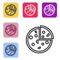 Black line Pizza icon isolated on white background. Fast food menu. Set icons in color square buttons. Vector Royalty Free Stock Photo