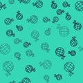 Black line Planet with flag icon isolated seamless pattern on green background. Victory, winning and conquer adversity Royalty Free Stock Photo