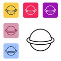Black line Planet Saturn with planetary ring system icon isolated on white background. Set icons in color square buttons Royalty Free Stock Photo