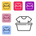 Black line Plastic basin with shirt icon isolated on white background. Bowl with water. Washing clothes, cleaning Royalty Free Stock Photo