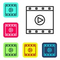 Black line Play Video icon isolated on white background. Film strip sign. Set icons in color square buttons. Vector Royalty Free Stock Photo