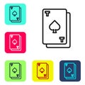 Black line Playing card with spades symbol icon isolated on white background. Casino gambling. Set icons in color square Royalty Free Stock Photo